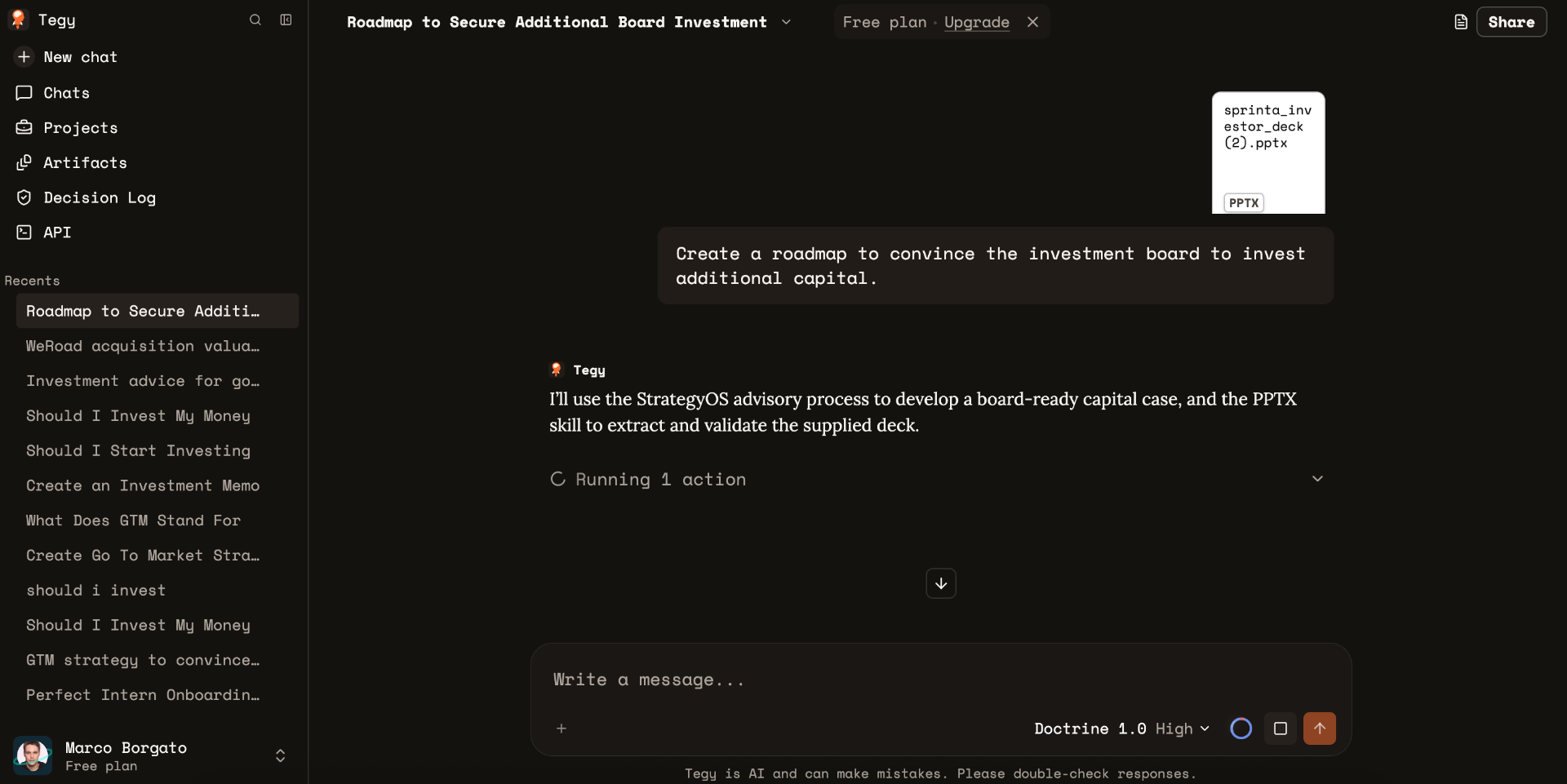 Tegy — Roadmap chat with uploaded deck